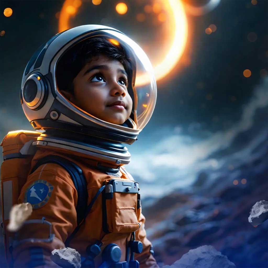 Young child in an astronaut suit looking towards the sky