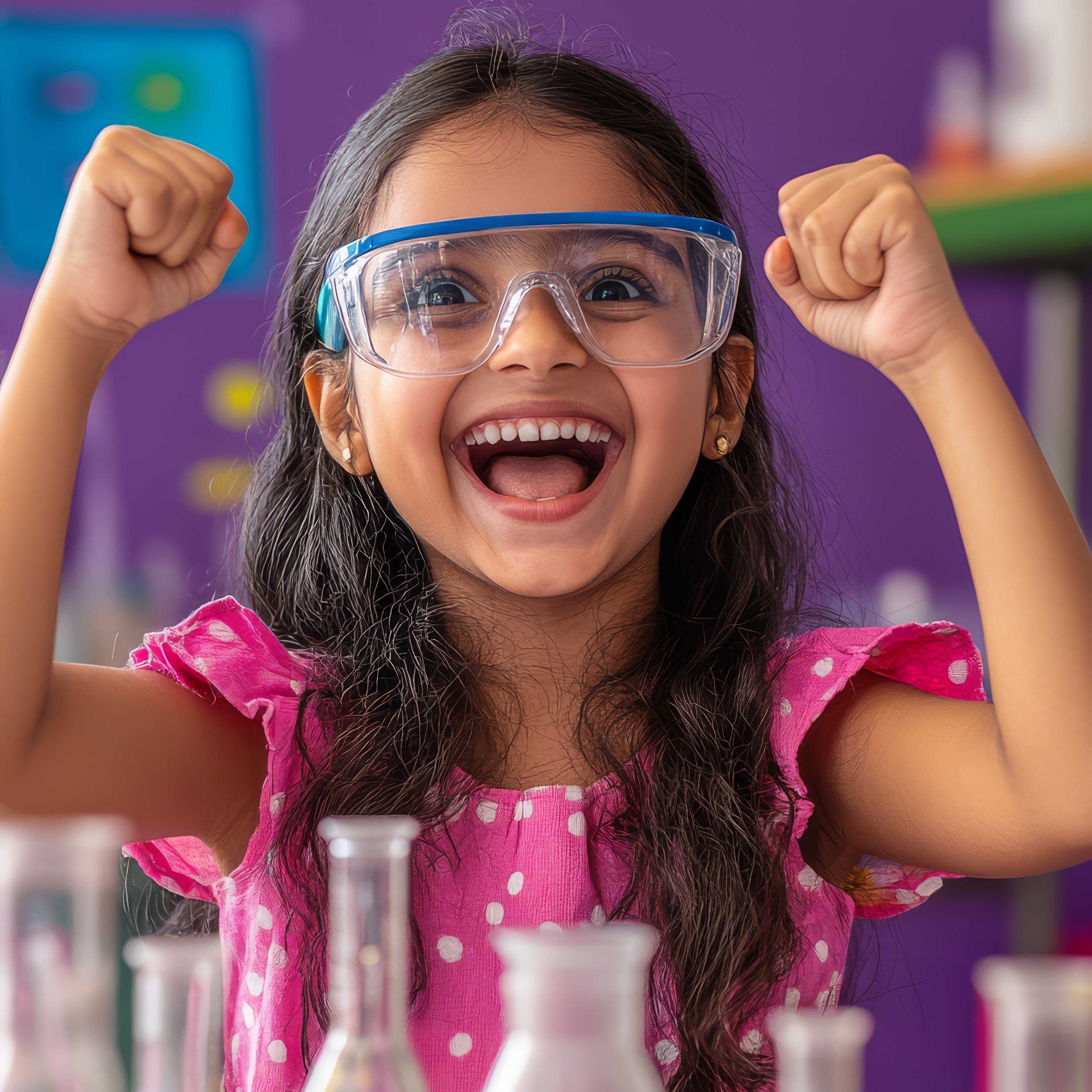 Young learner wearing safety goggles and celebrating a science experiment
